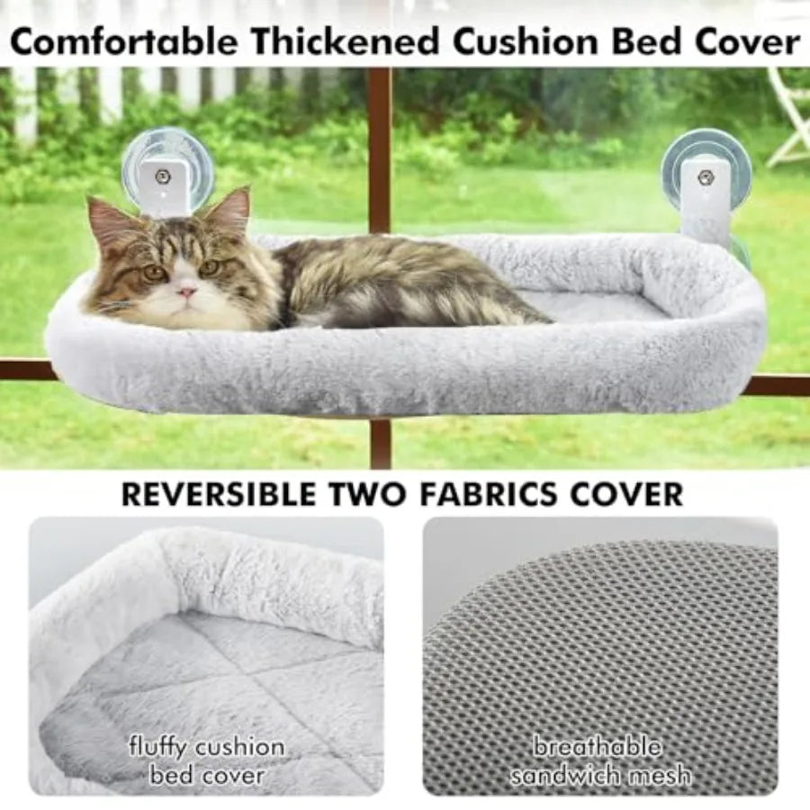 Cordless Cat Window Perch Cat Hammock for Wall with 4 Strong Suction Cups Solid Metal Frame and Two Replaceable Covers Foldable