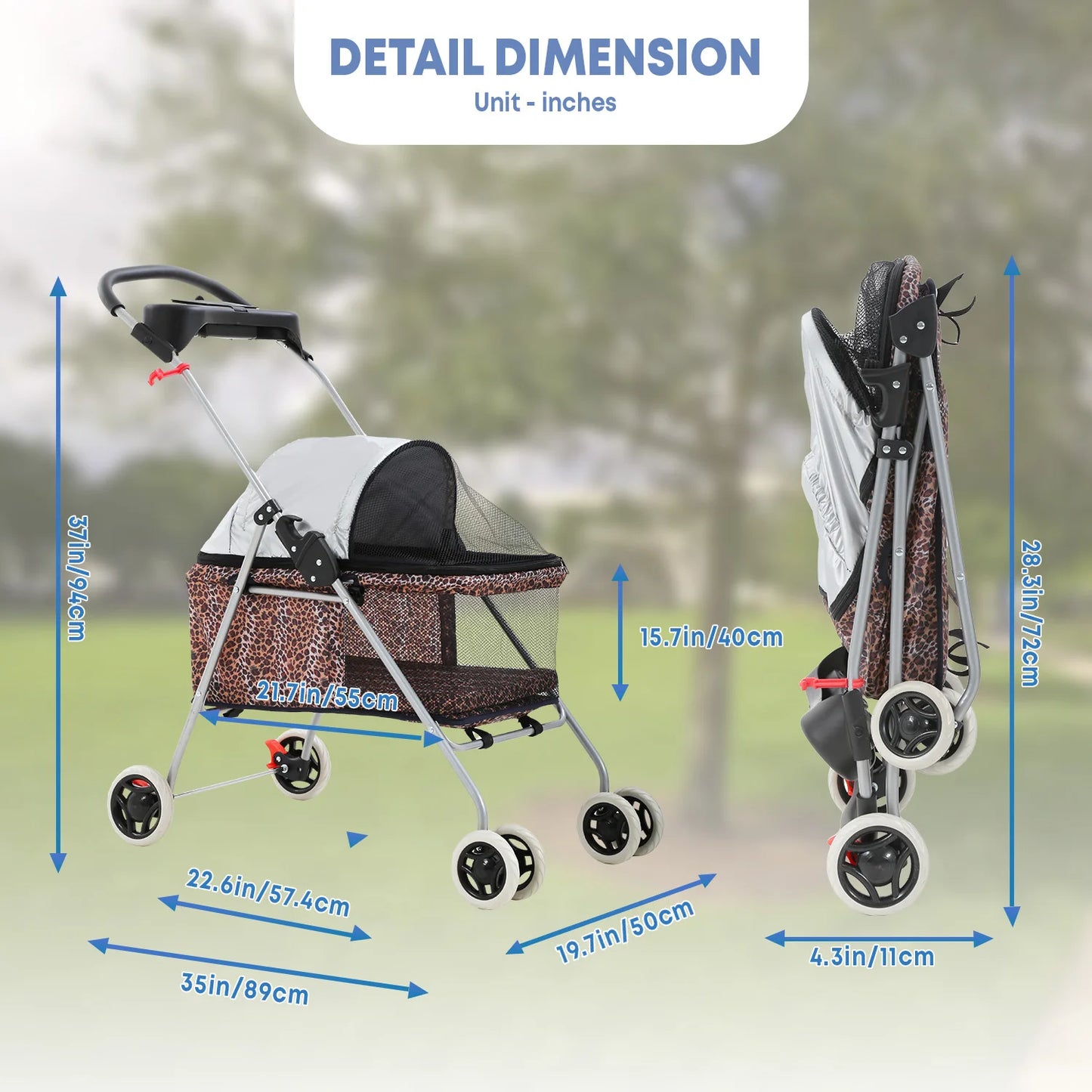 Portable 4-Wheel Pet Stroller, Posh Folding Waterproof Travel Carrier with Cup Holder for Small Medium Pets