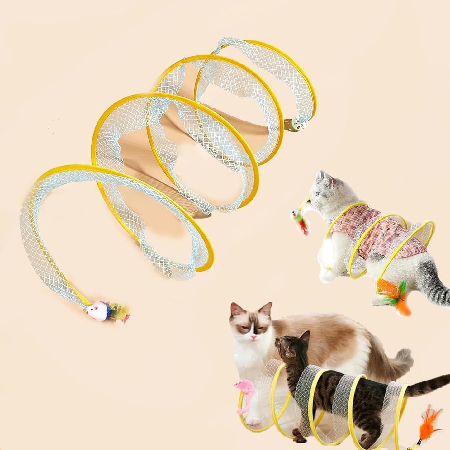 Spiral Cat Tunnel Toy, Cat Tunnels for Indoor Cats with Toys Feather Mouse
