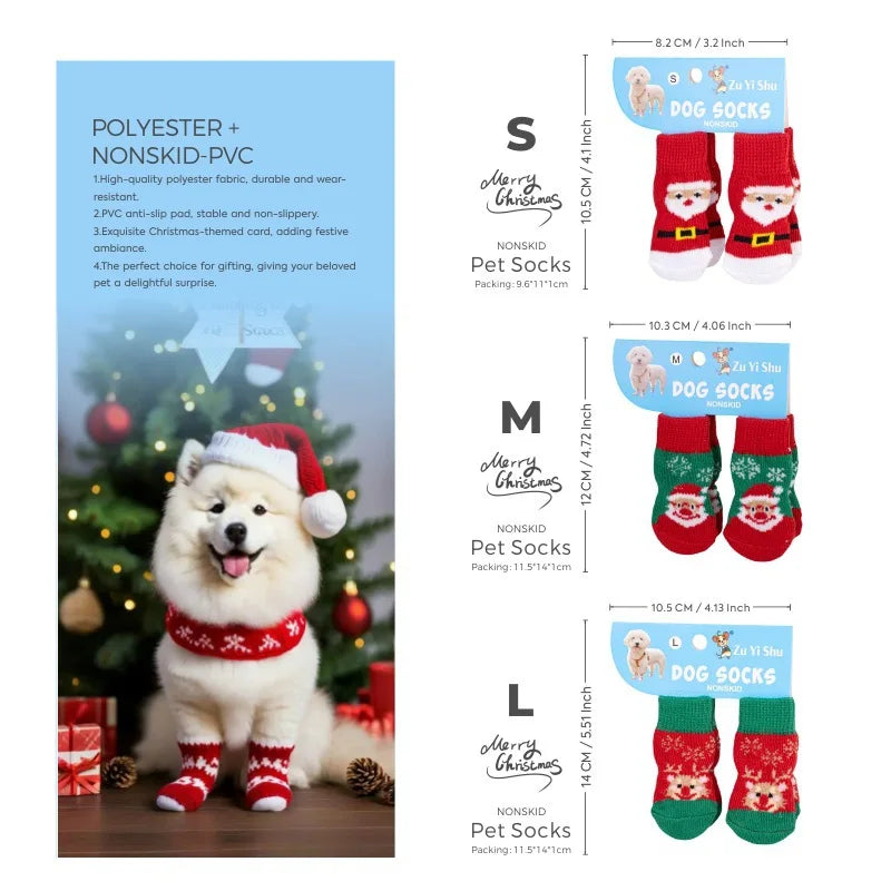Christmas Pet Socks For Small Dogs Cat Shoes Boots For Winter Warm Knitted Indoor Wear Slip On Paw Protector 4PCS