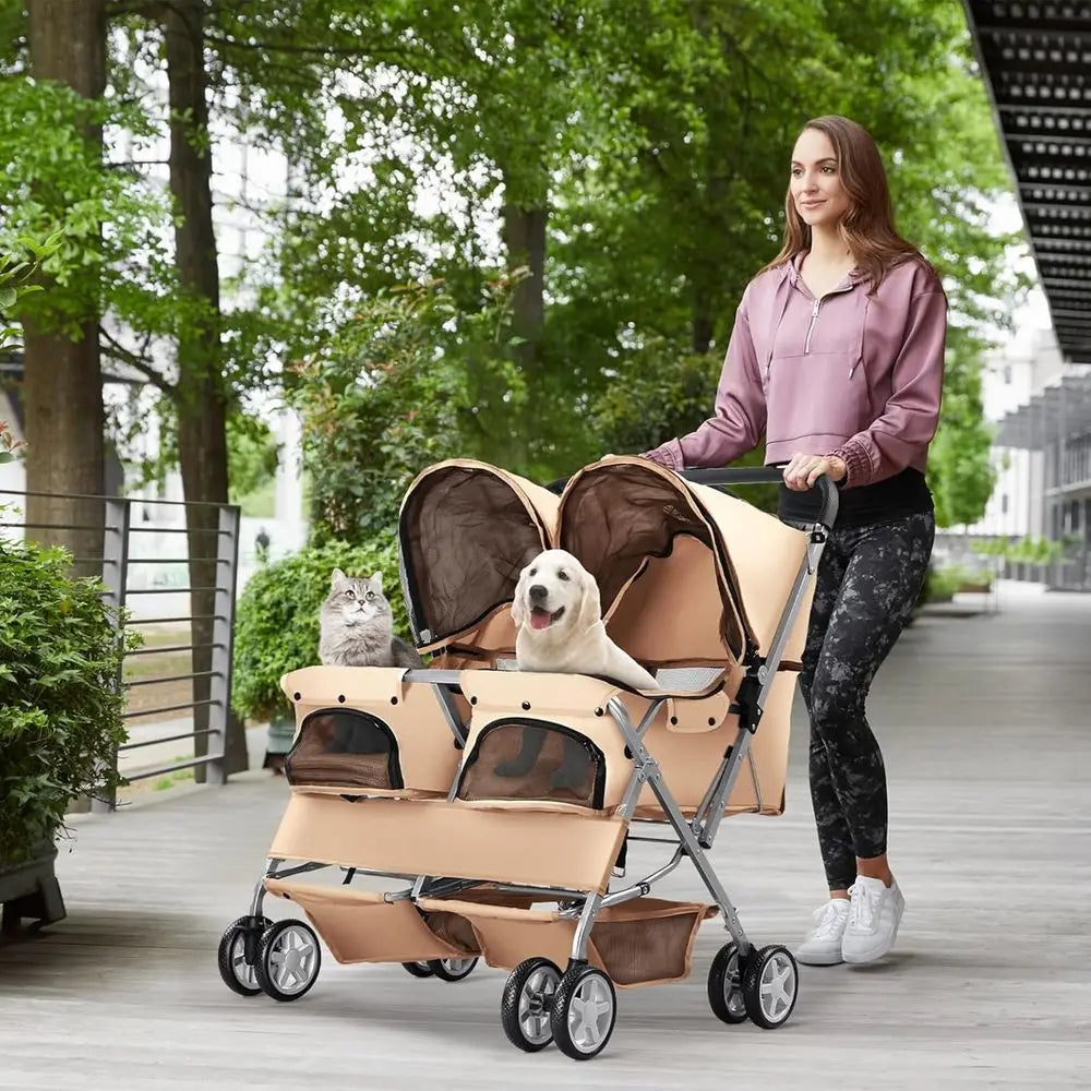 Double Pet Stroller, Foldable Stroller for 2 Dogs & Cats, Two-Seater Carrier Twin Dog Walk Jogger Travel Pet Carriage Cart with