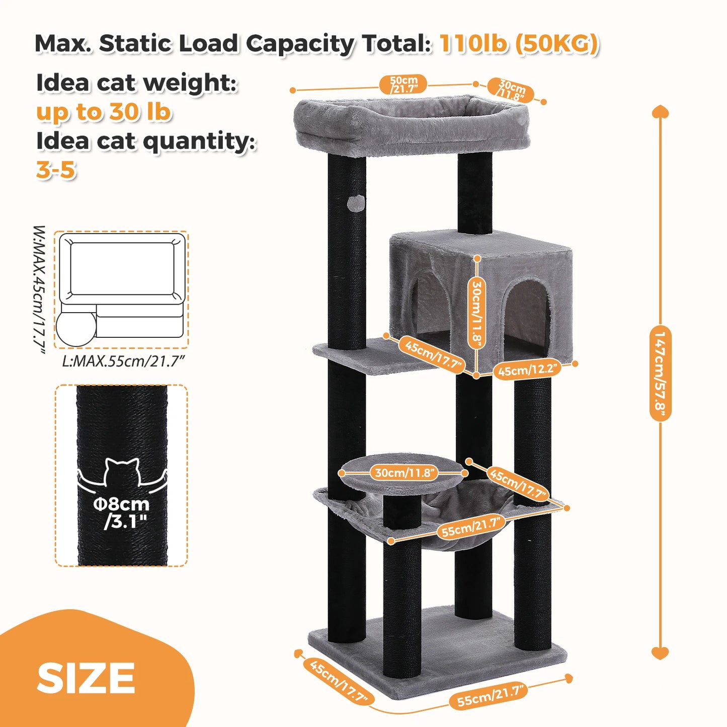 Large Multi-Tier Cat Tree Tower: Larger Hammock, Condo&Reinforced Scratching Posts – Perfect for Big Adult Cats,Cat Accessories