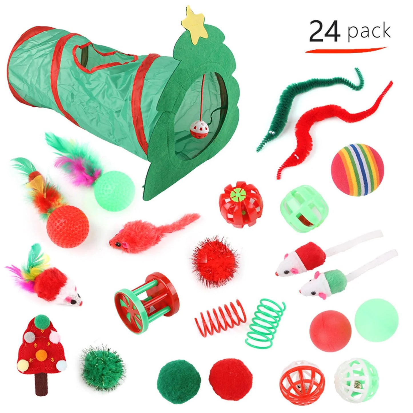Xmas Cat Toys Kitten Tunnel Toys Set Variety Catnip Toys with Green Tunnel for Kitten Puppy Indoor Cats