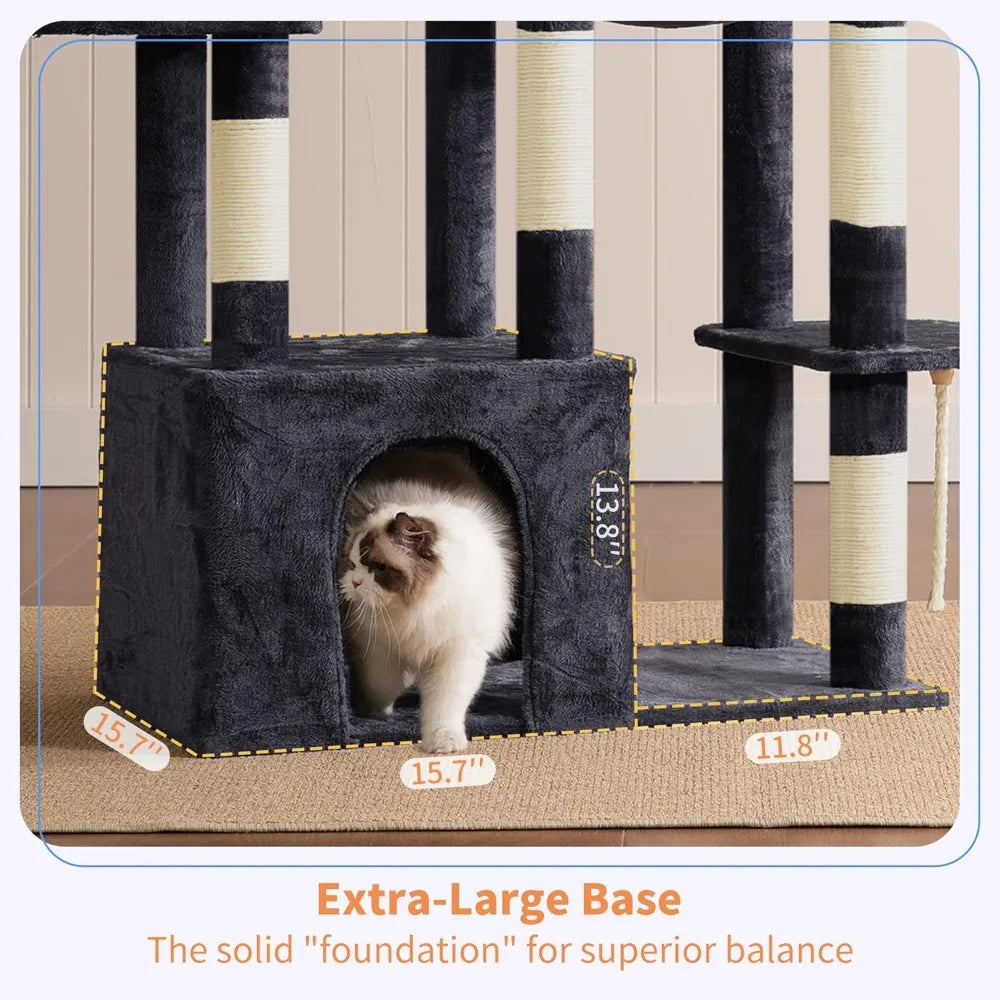 Heybly Heavy Duty Cat Tree, Tower for Indoor Cats Large Adult, Tall Cat Condo House with Extra-Large Baseboard, Multi-Level Plus