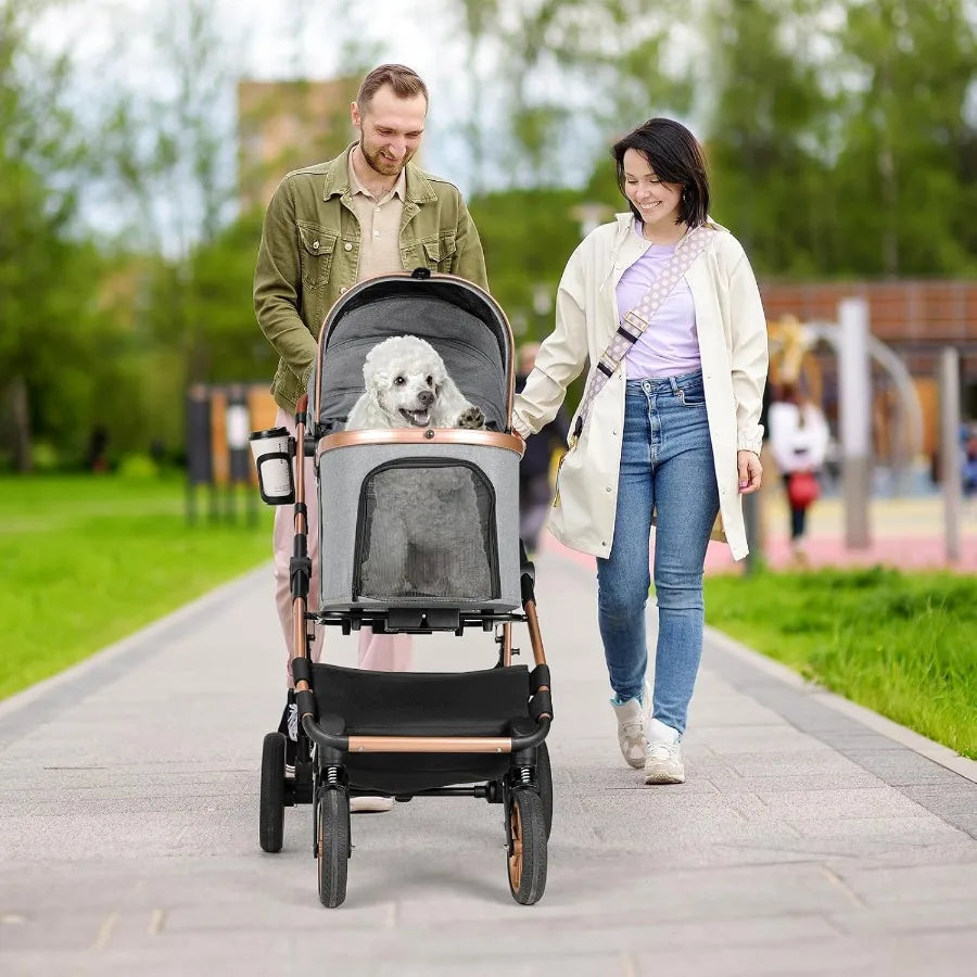 Foldable 4 Wheels Pet Stroller for Small Medium Dogs Cats up to 55lbs 3in1 Dog Stroller Detachable Carrier and OneClick Folding