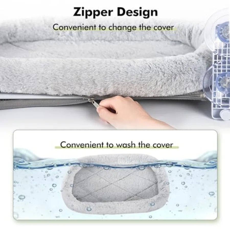 Cordless Cat Window Perch Cat Hammock for Wall with 4 Strong Suction Cups Solid Metal Frame and Two Replaceable Covers Foldable