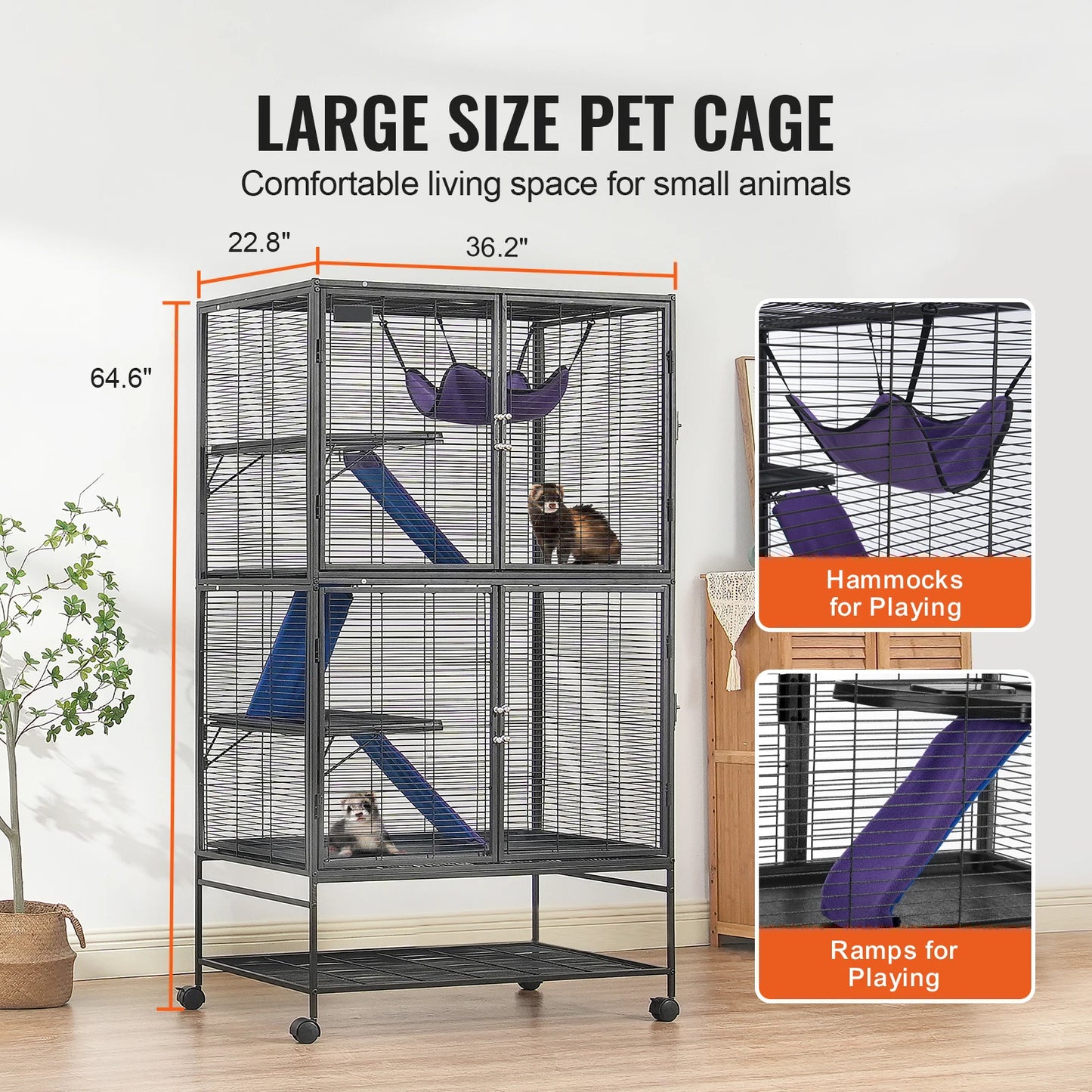 64.6" Rolling Metal Ferret Cage Large 4-Tier Critter Nation Cage Small Animal Cage for Rats Hamster Guinea Chinchilla