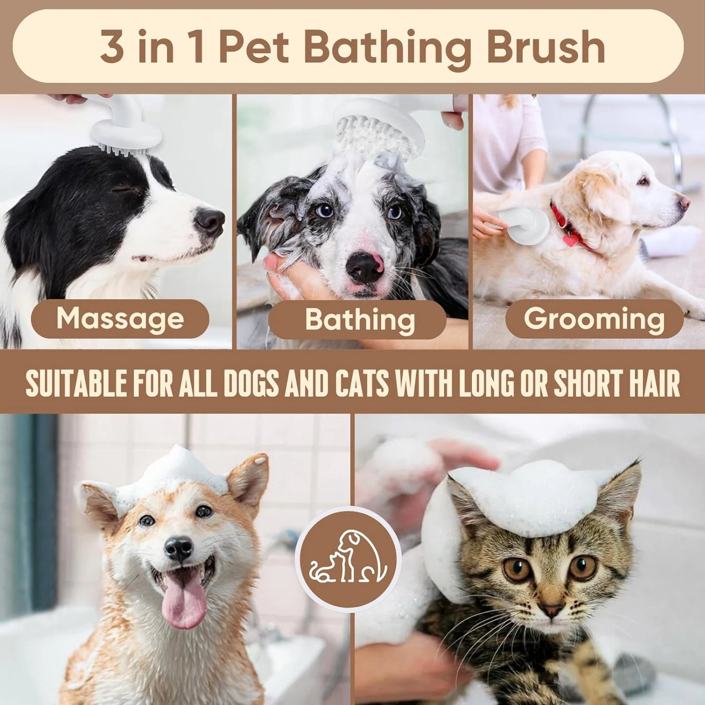 Dog Bath Brush 3 in1 Dog Shampoo Brush Soft Silicone Dog Brush for Pet Grooming Washing Soap Brush 36 Clean Massage Brush Head