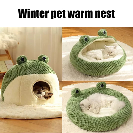 New Pet Nest Winter Protect Cold Warm Dog Den Cat Villa Small Frog Shape Semi Enclosed Kitten Puppy Plush Mattress Pet Supplies