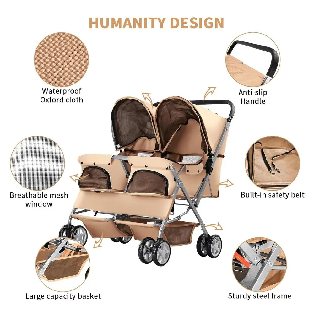 Double Pet Stroller, Foldable Stroller for 2 Dogs & Cats, Two-Seater Carrier Twin Dog Walk Jogger Travel Pet Carriage Cart with