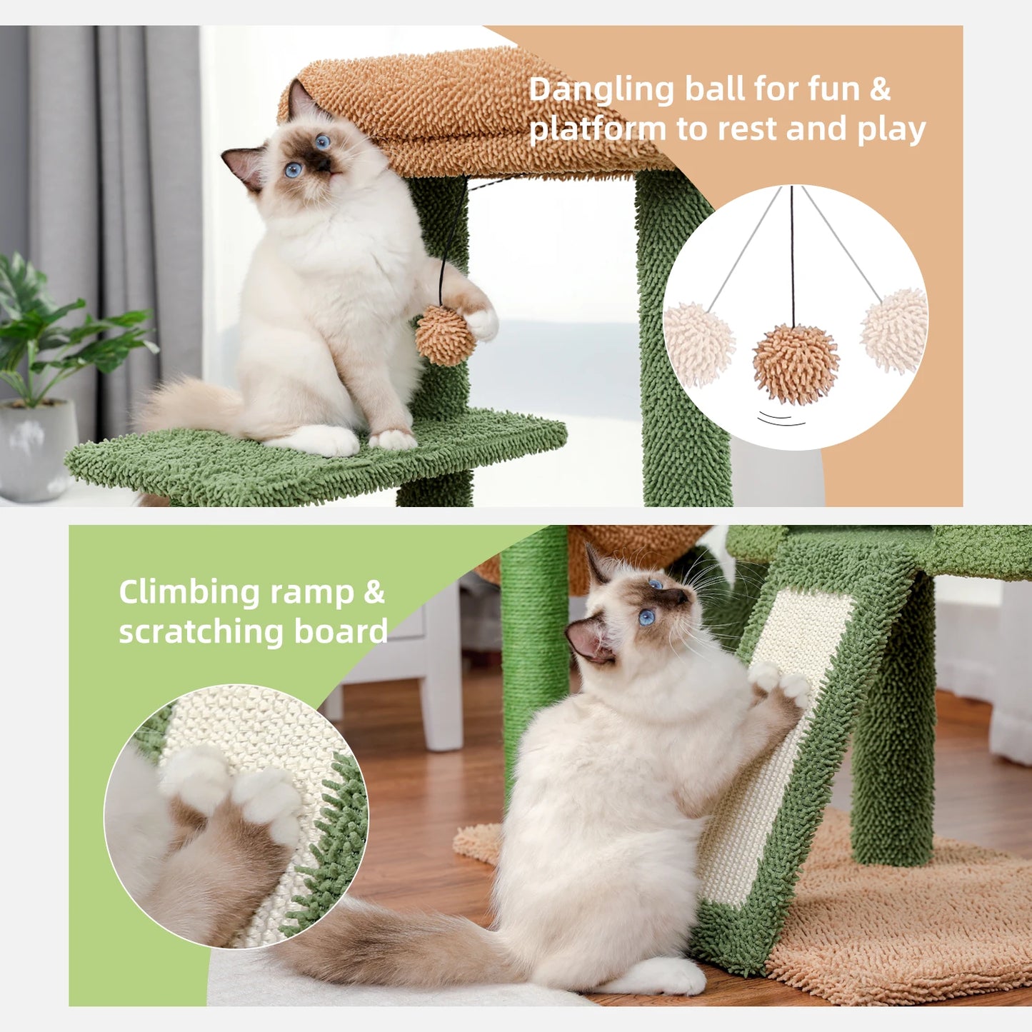 Cactus Cat Tower with Sisal Covered Scratching Post and Cozy Condo for Indoor Cats Cat Climbing Stand with Plush Perch