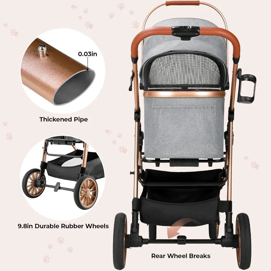 Foldable 4 Wheels Pet Stroller for Small Medium Dogs Cats up to 55lbs 3in1 Dog Stroller Detachable Carrier and OneClick Folding