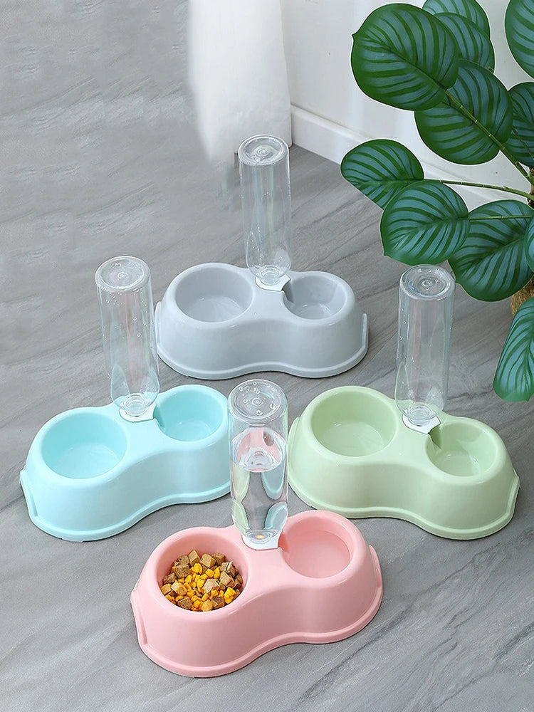 Pet Cat Bowl Automatic Feeder Water Dispenser Dog Cat Food Bowl with Drinking Raised Stand Double Dish Bowls for Cats Dogs Pet