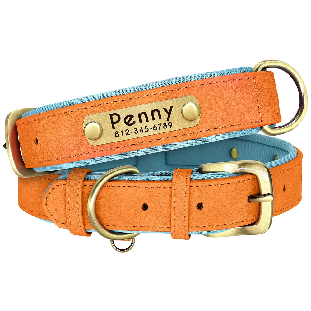 Personalized PU Leather Padded Dog Collar Customized ID Nameplate Pet Collar For Small Medium Dogs Durable Necklaces Accessories