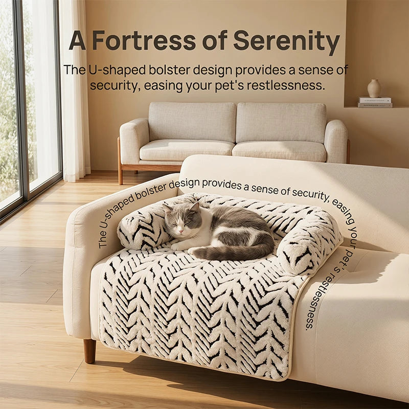 Pet Sofa Bed Mat with Side Bolsters Soft Fluffy Couch Protector Mat Anti-slip Dog Cat Bed Sleeping Cushion for Small Medium Pets