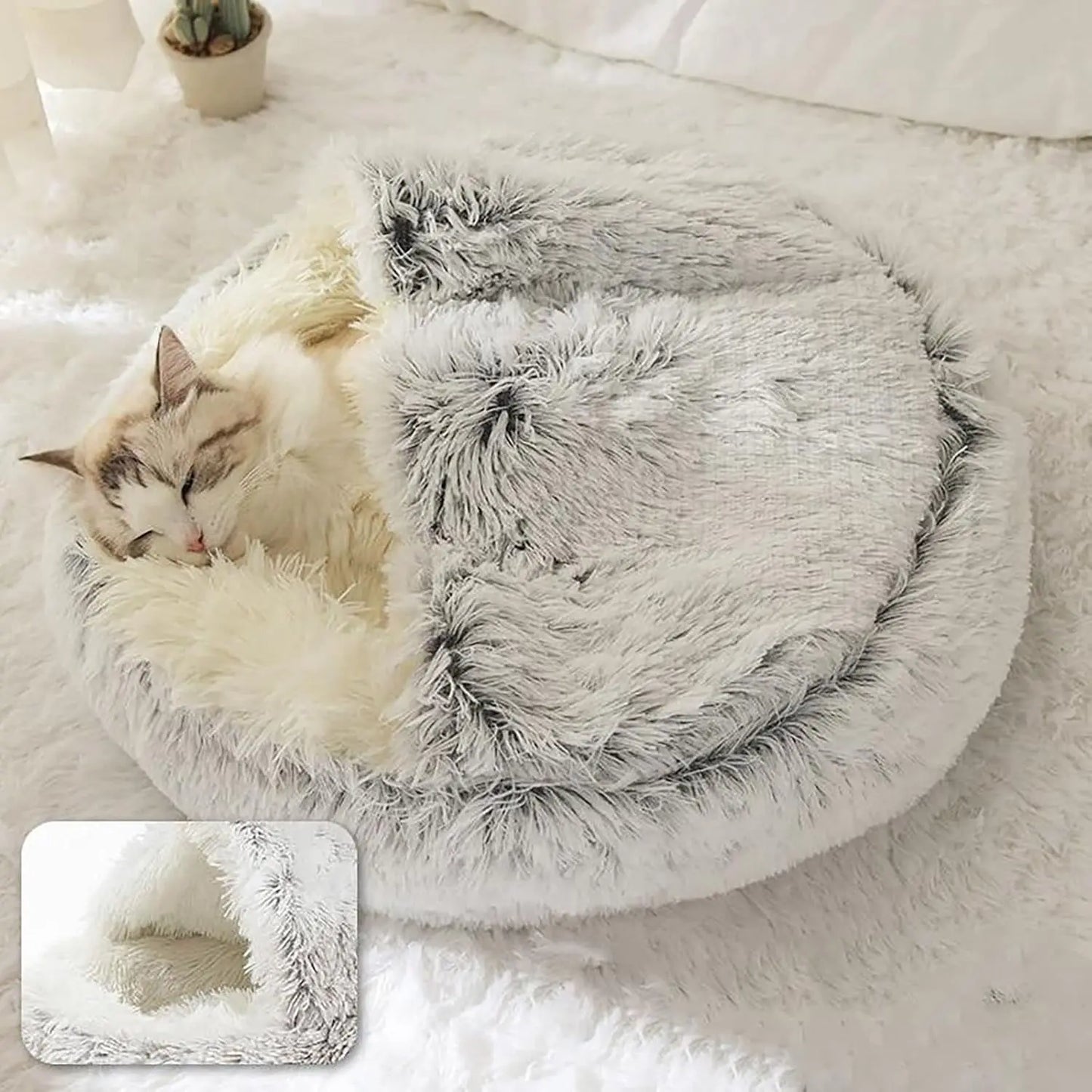 Fluffy Hooded Pet Bed Cave for Cats & Small Dogs - Waterproof, Washable, 26-inch Grey