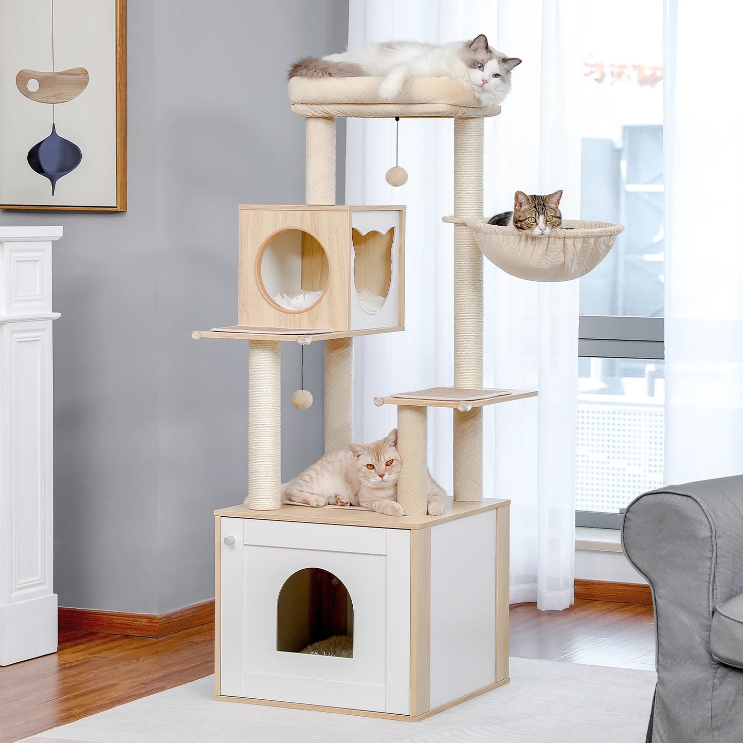 Multi-Level Cat Tree with Scratching Posts Spacious Condo Hammock Top Perch