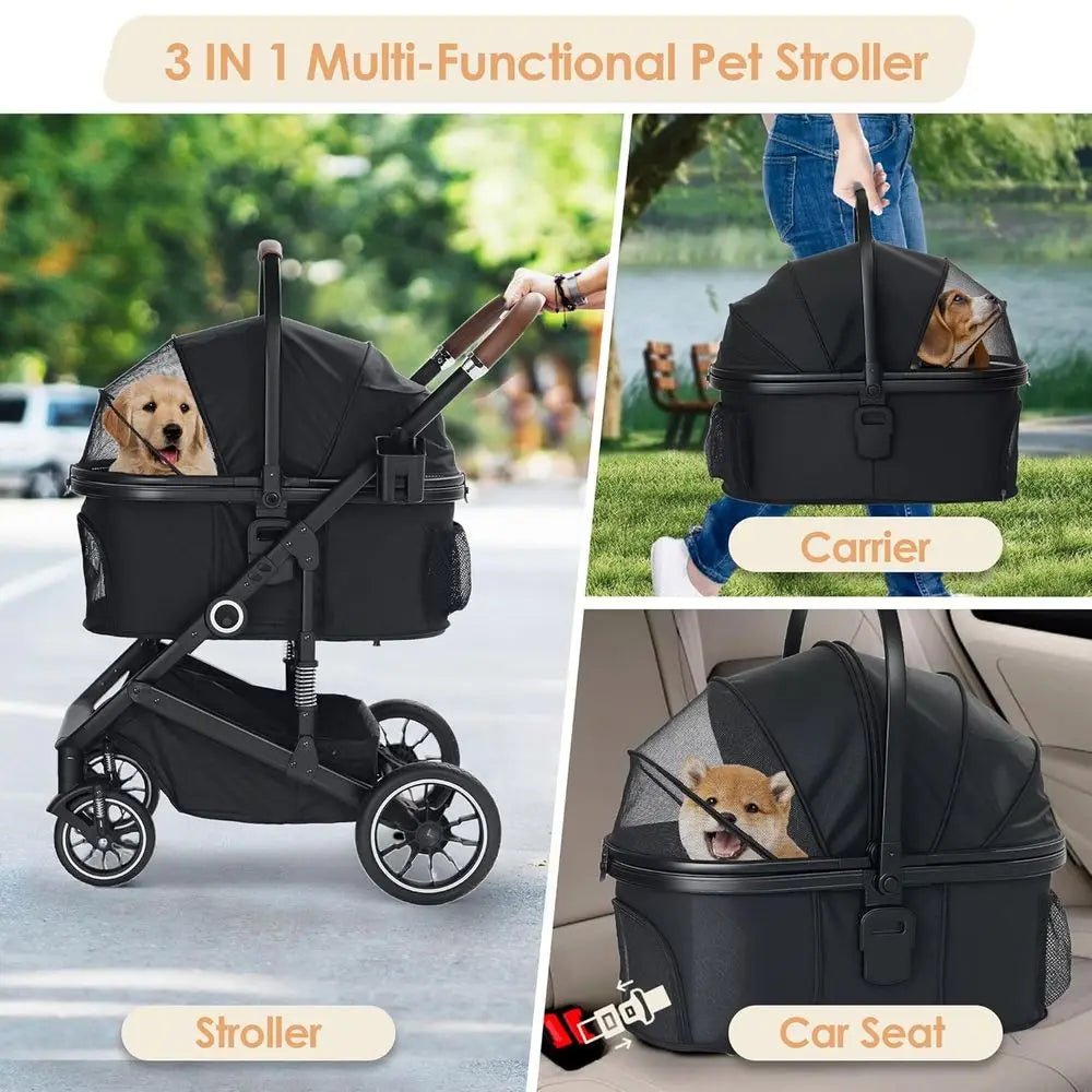 Pet Stroller with 4 Wheels, 3 IN 1 Folding Puppy Strollers for Small/Medium Dogs Cats up to 50lbs, Lightweight Pet Travel Carrie