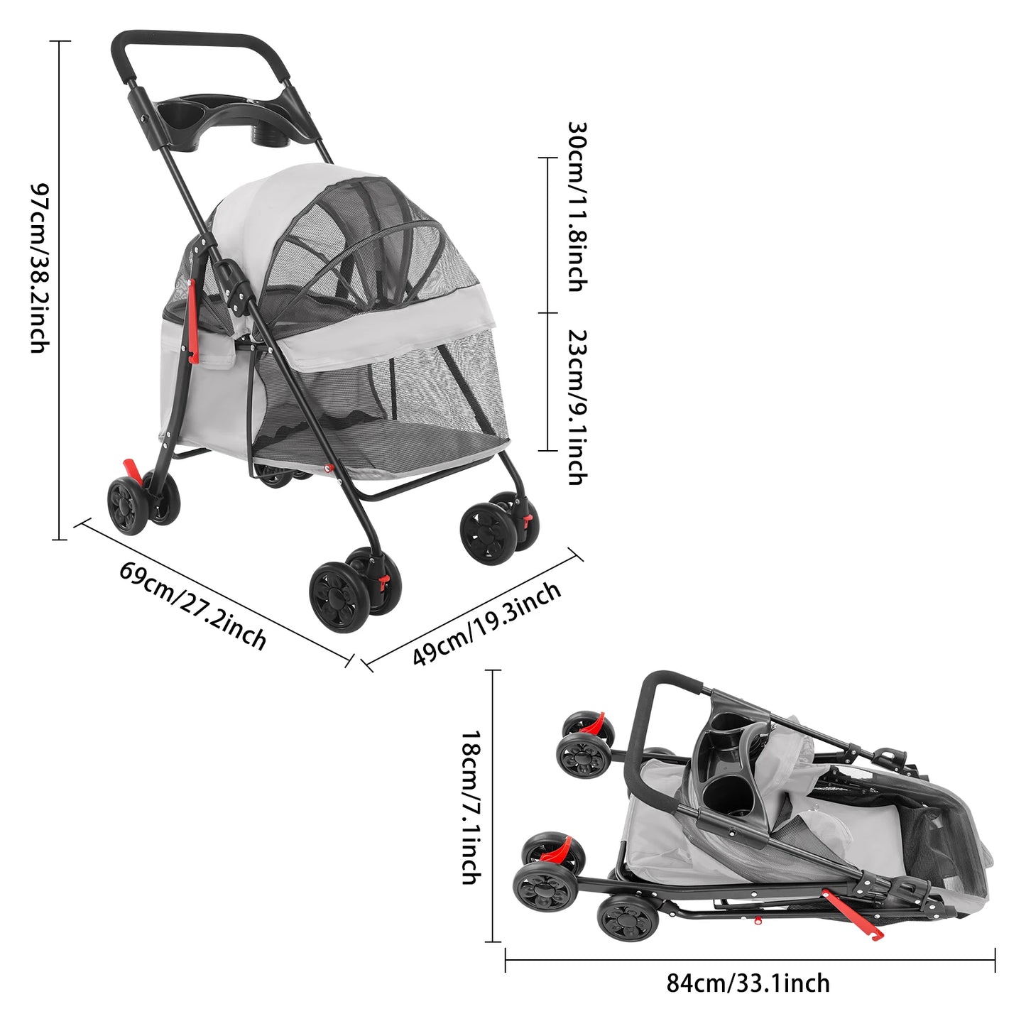 Gray Pet Cart Pet Foldable Pet Travel Cart Dog Stroller Portable Dog & Cat Basket Cart Puppy Carrier with Brake