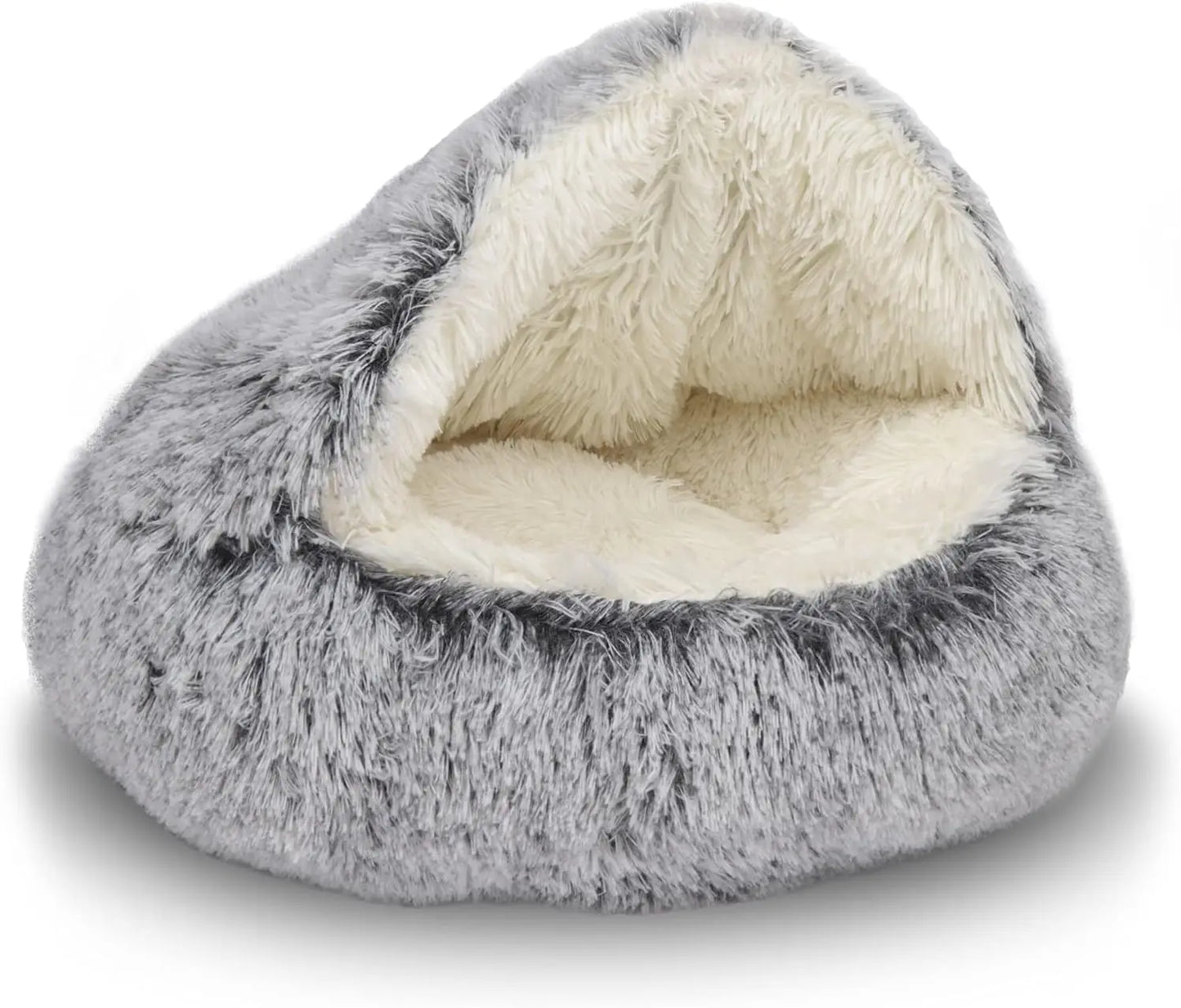 Fluffy Hooded Pet Bed Cave for Cats & Small Dogs - Waterproof, Washable, 26-inch Grey