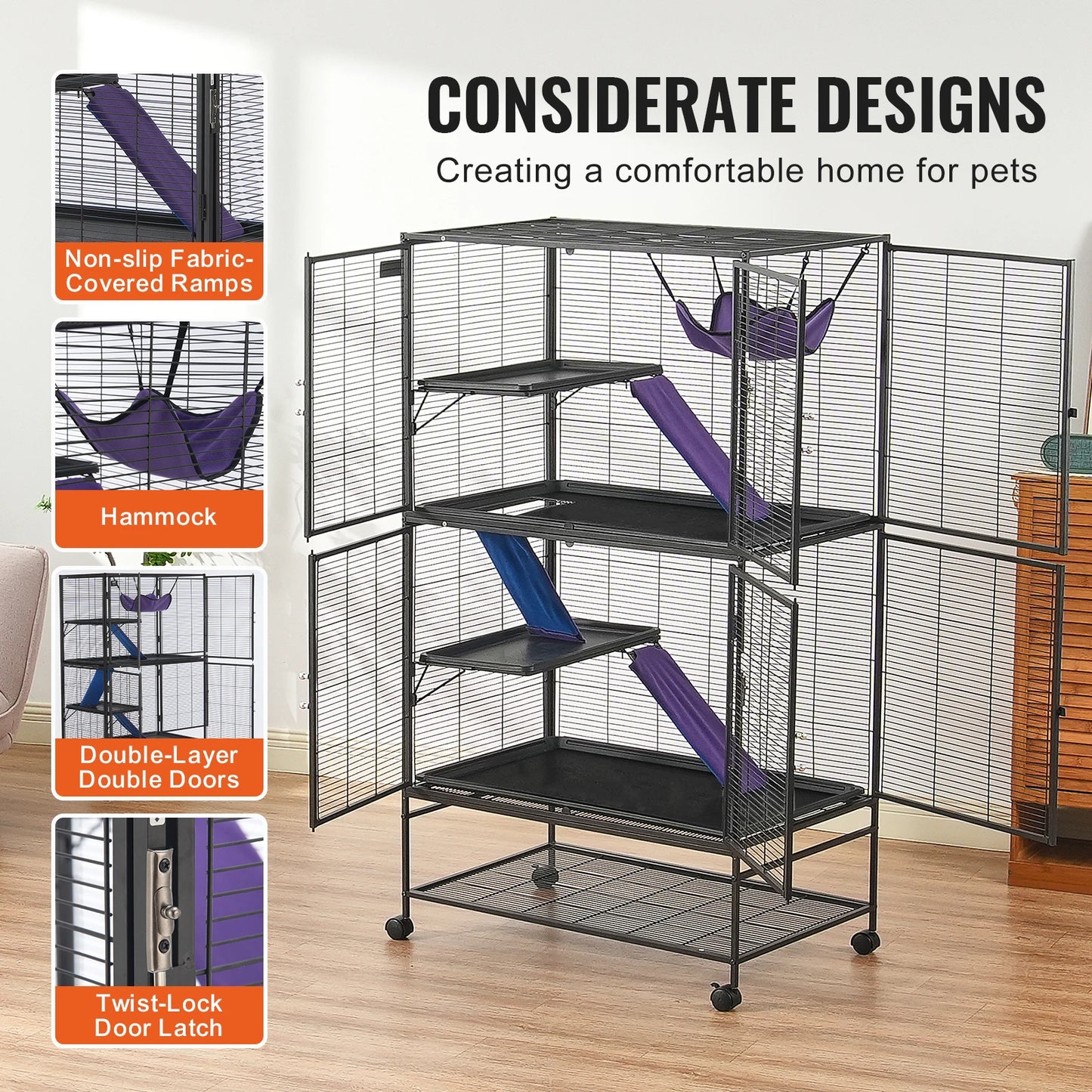 64.6" Rolling Metal Ferret Cage Large 4-Tier Critter Nation Cage Small Animal Cage for Rats Hamster Guinea Chinchilla