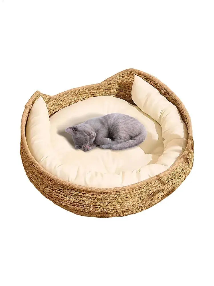 Cat Bed Cotton Rope Woven Cat Bed with Pillow and Cushion All Season Indoor Weaving Pet Resting Scratching Sleeping Furniture