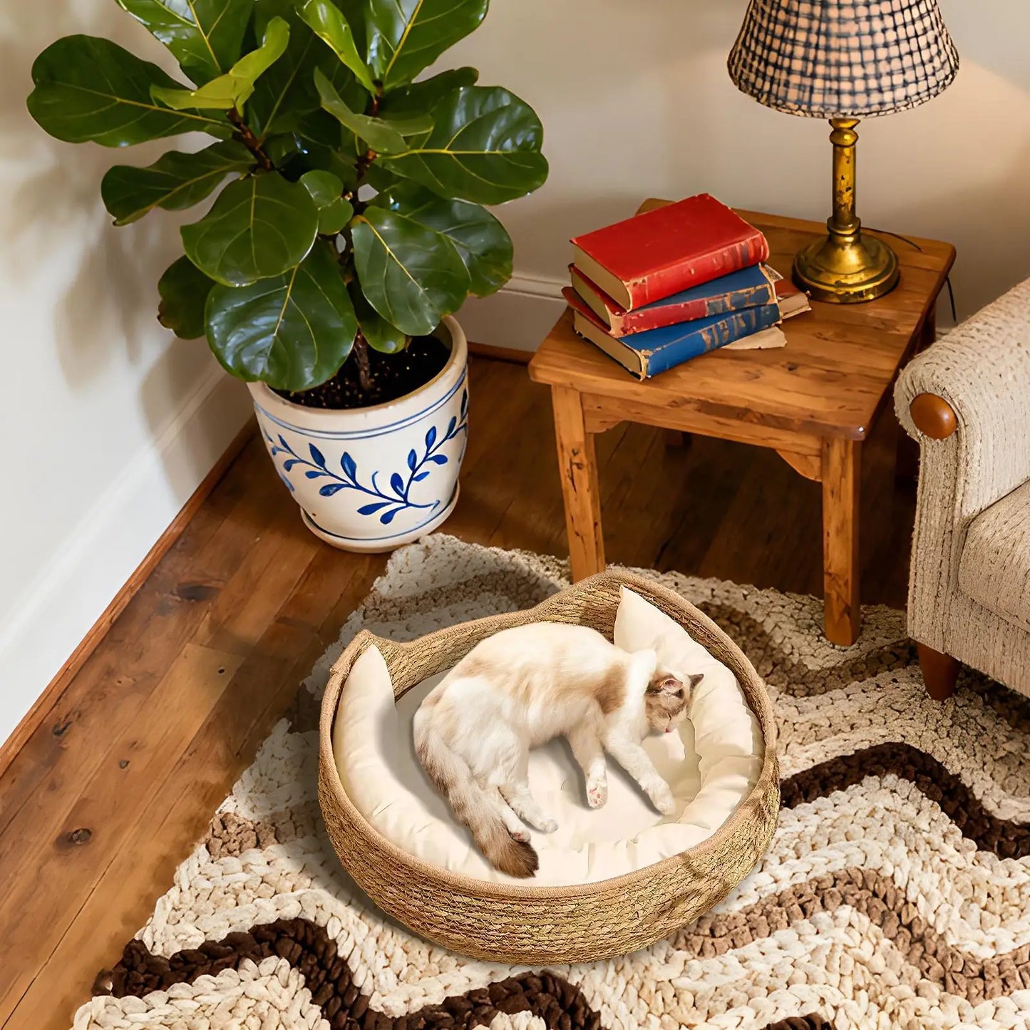 Cat Bed Cotton Rope Woven Cat Bed with Pillow and Cushion All Season Indoor Weaving Pet Resting Scratching Sleeping Furniture