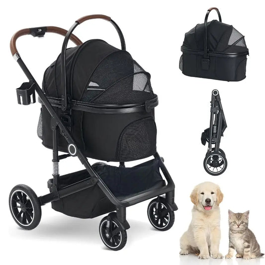 Pet Stroller with 4 Wheels, 3 IN 1 Folding Puppy Strollers for Small/Medium Dogs Cats up to 50lbs, Lightweight Pet Travel Carrie