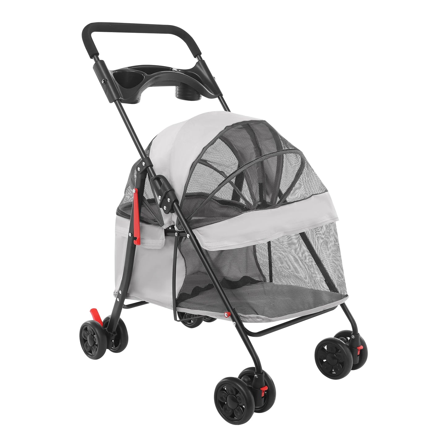 Gray Pet Cart Pet Foldable Pet Travel Cart Dog Stroller Portable Dog & Cat Basket Cart Puppy Carrier with Brake