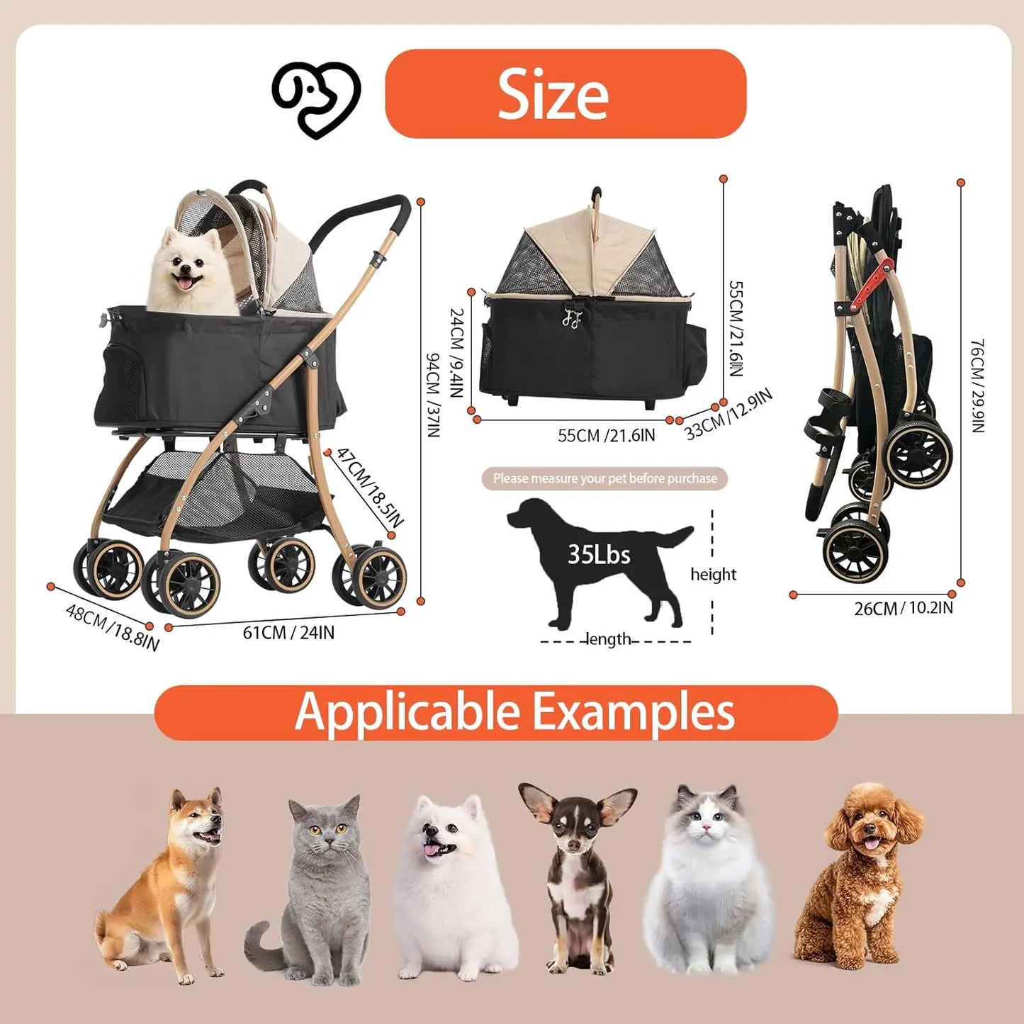 Lightweight Foldable Pet Stroller for Small Dogs & Cats, 35Lbs Capacity with Detachable Cradle and Cup Holder