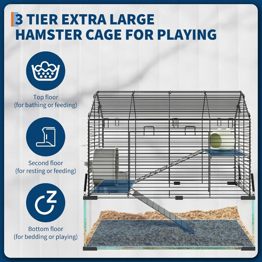 3 Tiers Large Hamster Cages Metal Guinea Pig Cages Habitat with 4pcs Hamster Cages Accessories Transparent Small Animal Habitat