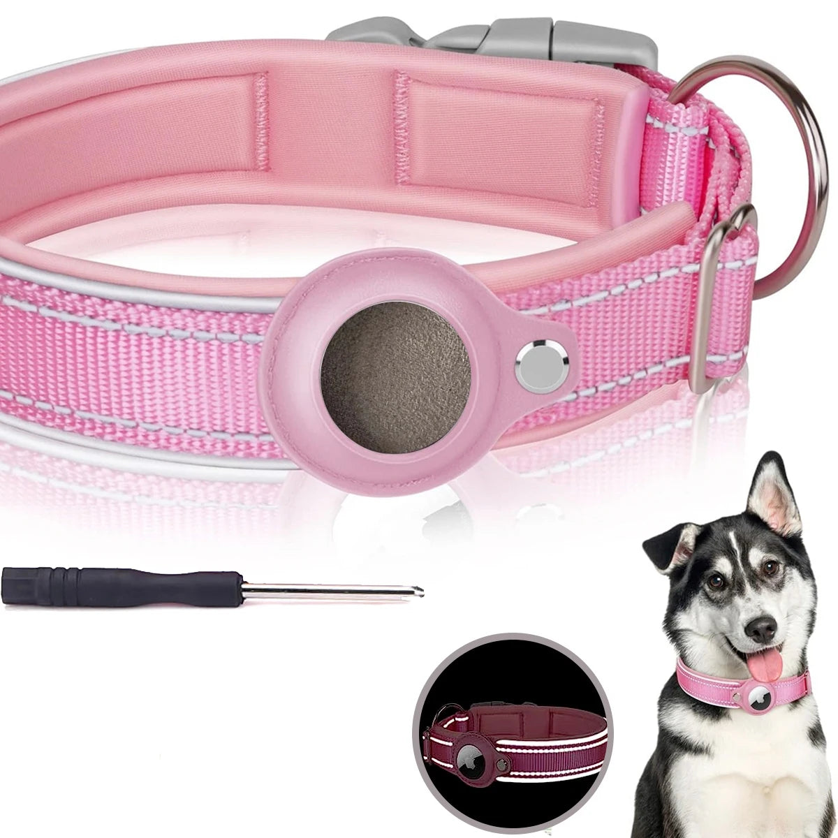 AirTag Dog Collar Reflective Dog Collar Padded Dog Collars AirTag Holder Case Adjustable Pet Collar for Small Medium Large Dogs