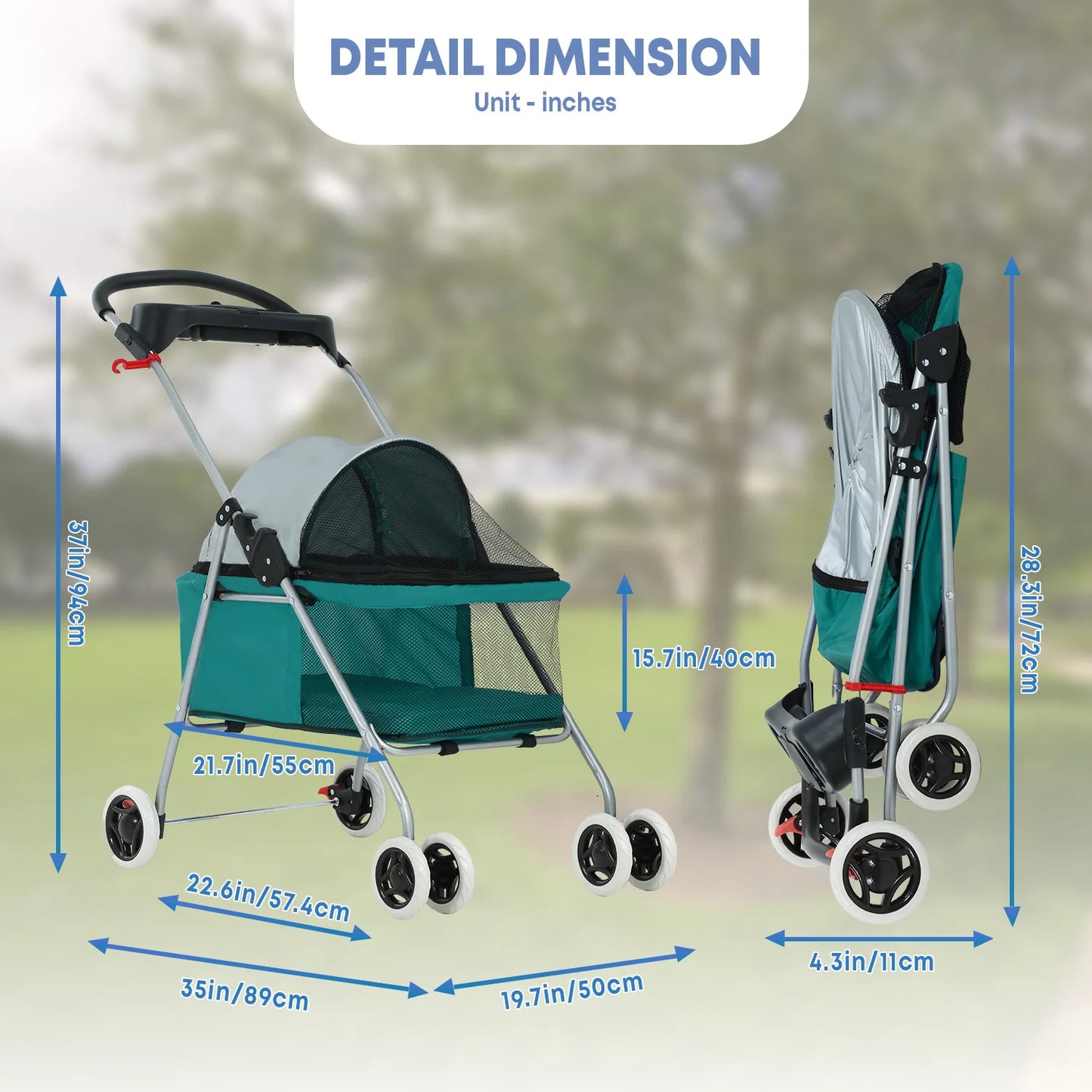 Portable 4-Wheel Pet Stroller, Posh Folding Waterproof Travel Carrier with Cup Holder for Small Medium Pets