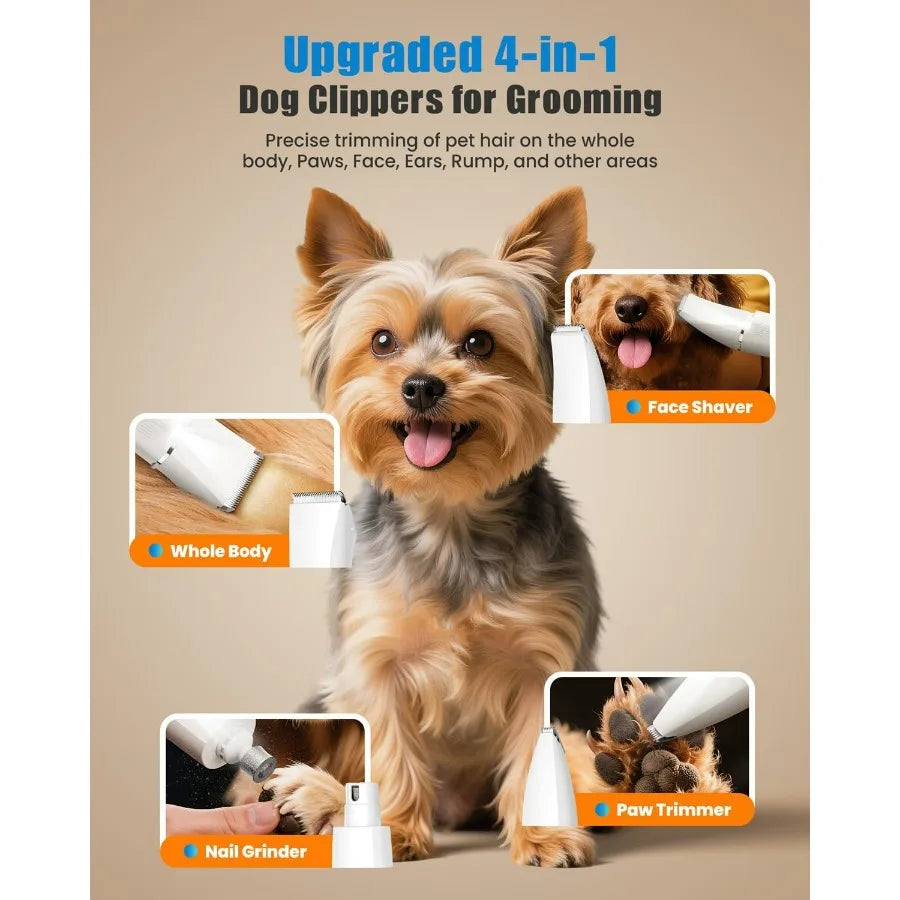 4in1 Dog Clippers Grooming Kit with LED Light 2025 Upgraded Low Noise Dog Paw Trimmer Nail Grinder Grooming Clippers 2Speed Pro