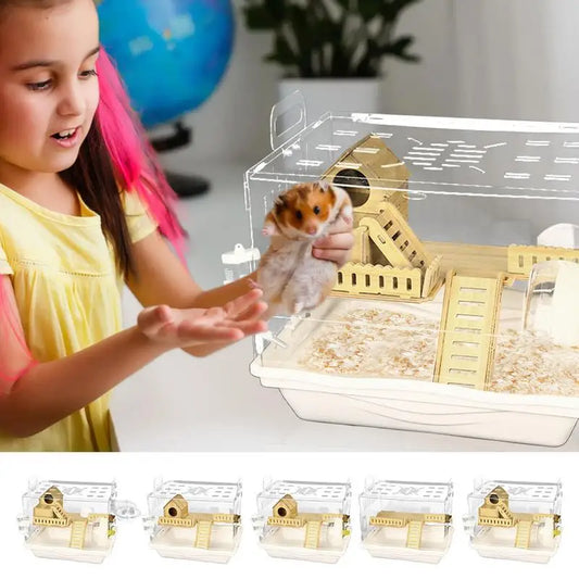 Acrylic Hamster Cage Wooden Small Animal Cage Accessories 2-Layer Small Pet Breathable House For Dwarf Hamsters Mice Gerbils