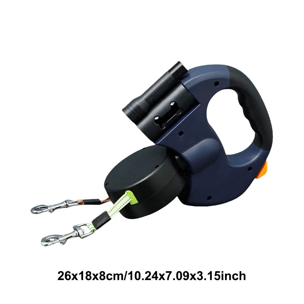 Double Headed Dog Leash Traction Rope 360 Degree Swivel Dog Walking Leash with LED Light Retractable Dog Leash for 2 Dogs