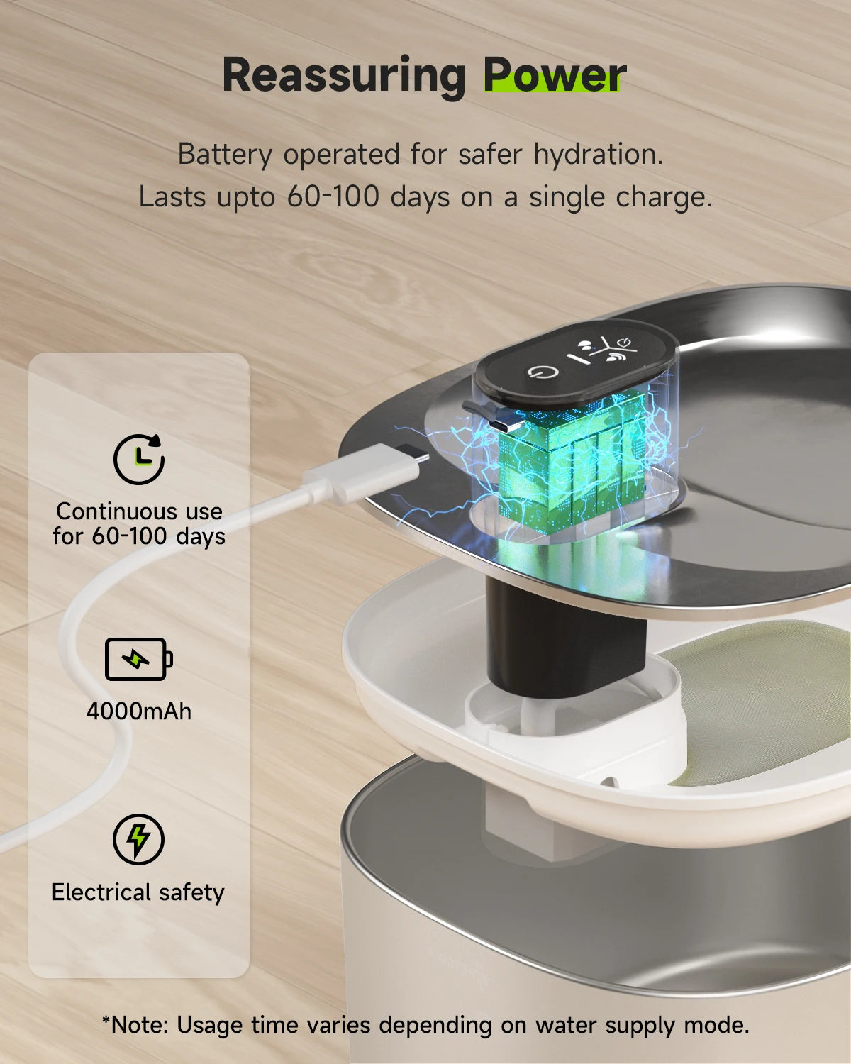 Wireless Cat Water Fountain Stainless Steel 135floz/4L Battery Operated Automatic Cordless Cat Water Dispenser Pet Fountain