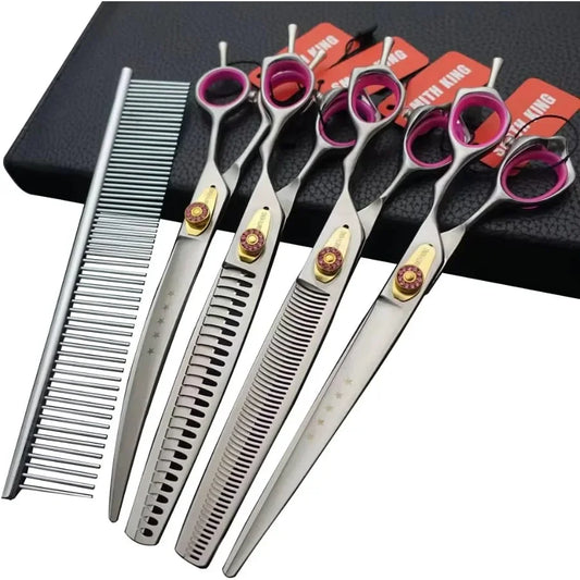 Professional Dog Grooming Shears Set Dogs Straight thinning Curved scissors chunkers Scissorswith comb in 1 Set for Righthanded