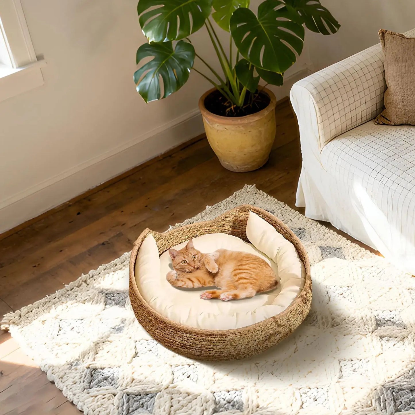 Cat Bed Cotton Rope Woven Cat Bed with Pillow and Cushion All Season Indoor Weaving Pet Resting Scratching Sleeping Furniture