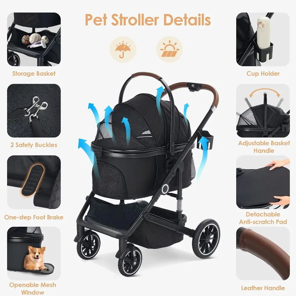 Pet Stroller with 4 Wheels, 3 IN 1 Folding Puppy Strollers for Small/Medium Dogs Cats up to 50lbs, Lightweight Pet Travel Carrie
