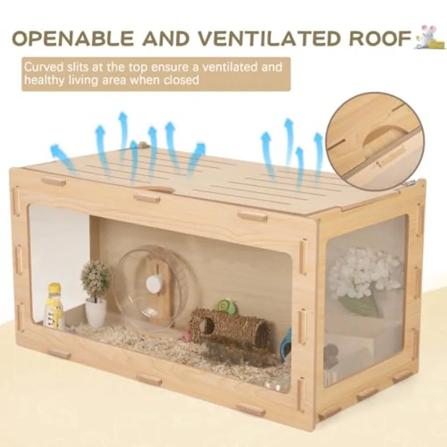 Wooden Hamster Cage Chewproof Bigger World 32" Large Hamster Cages and Habitats Openable Top and 3 Side Acrylic Sheets Small An