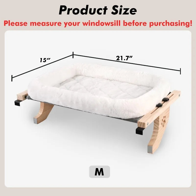 Cat Sill Window Perch Sturdy Hammock Window Seat with Cushion Bed Cover, Wood & Metal Frame for Large Cats, Easy to Adj