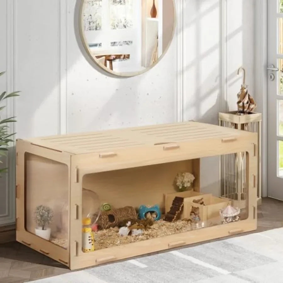 Wooden Hamster Cage Chewproof Bigger World 32" Large Hamster Cages and Habitats Openable Top and 3 Side Acrylic Sheets Small An