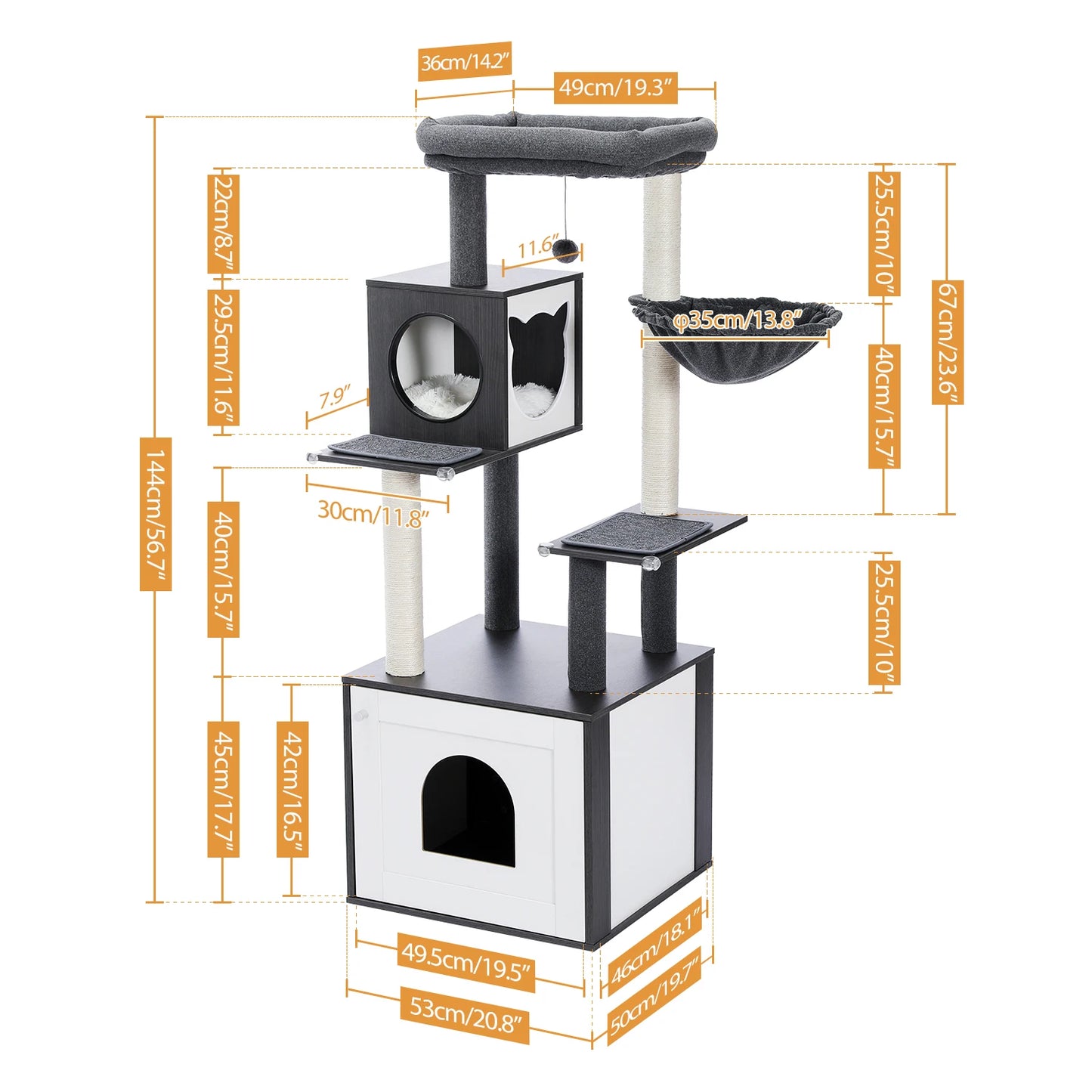 Multi-Level Cat Tree with Scratching Posts Spacious Condo Hammock Top Perch