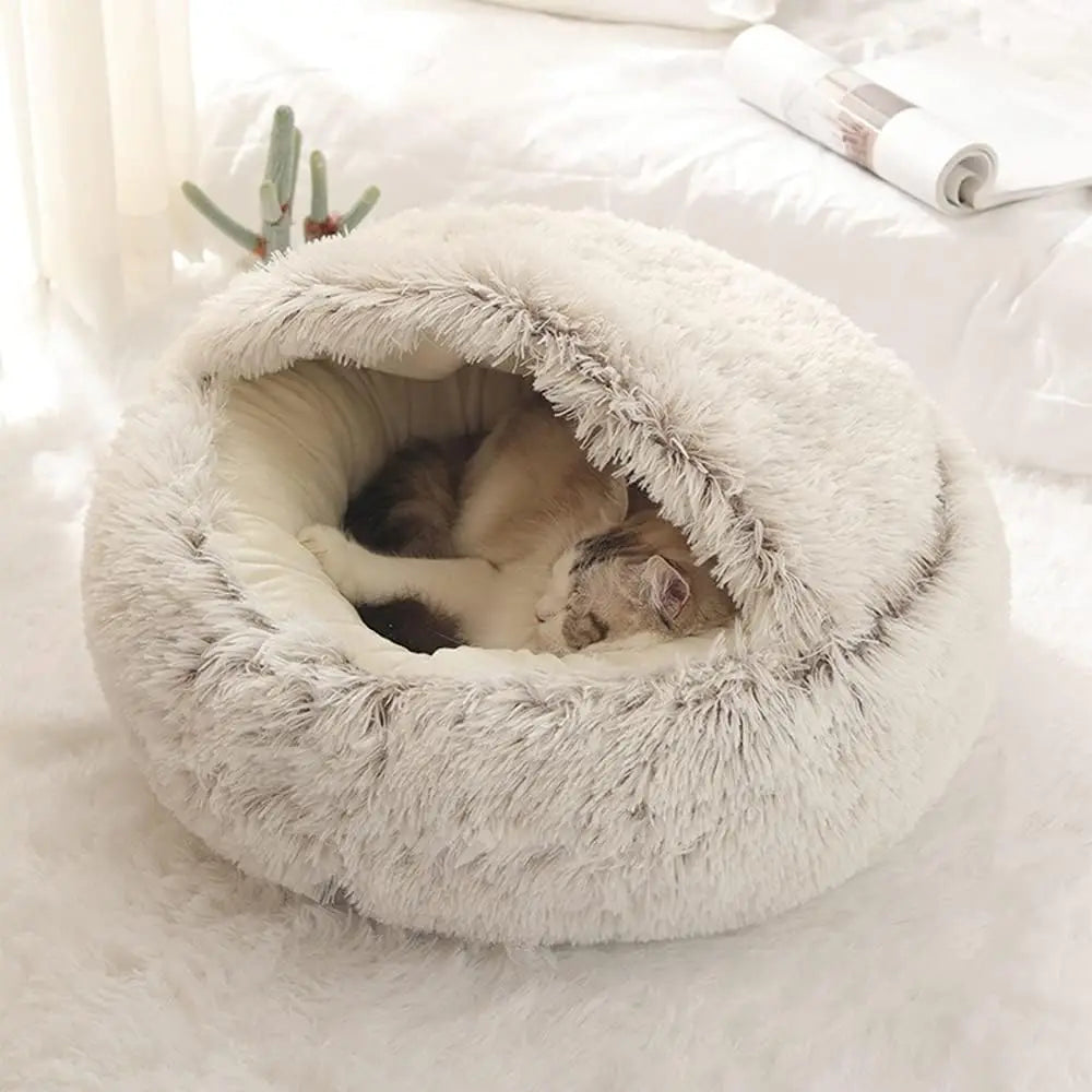 Soft Plush Pet Bed Round Semi Closed Cat Bed Shell Type Pet Mattress Warm Cat Dog 2 in 1 Sleeping Nest Cave for Small Dogs