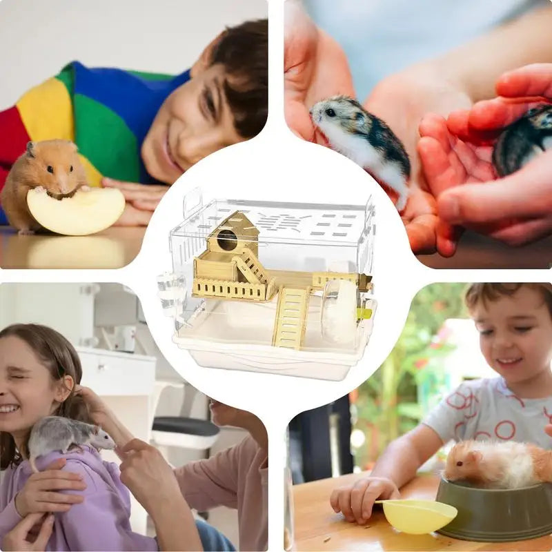 Acrylic Hamster Cage Wooden Small Animal Cage Accessories 2-Layer Small Pet Breathable House For Dwarf Hamsters Mice Gerbils