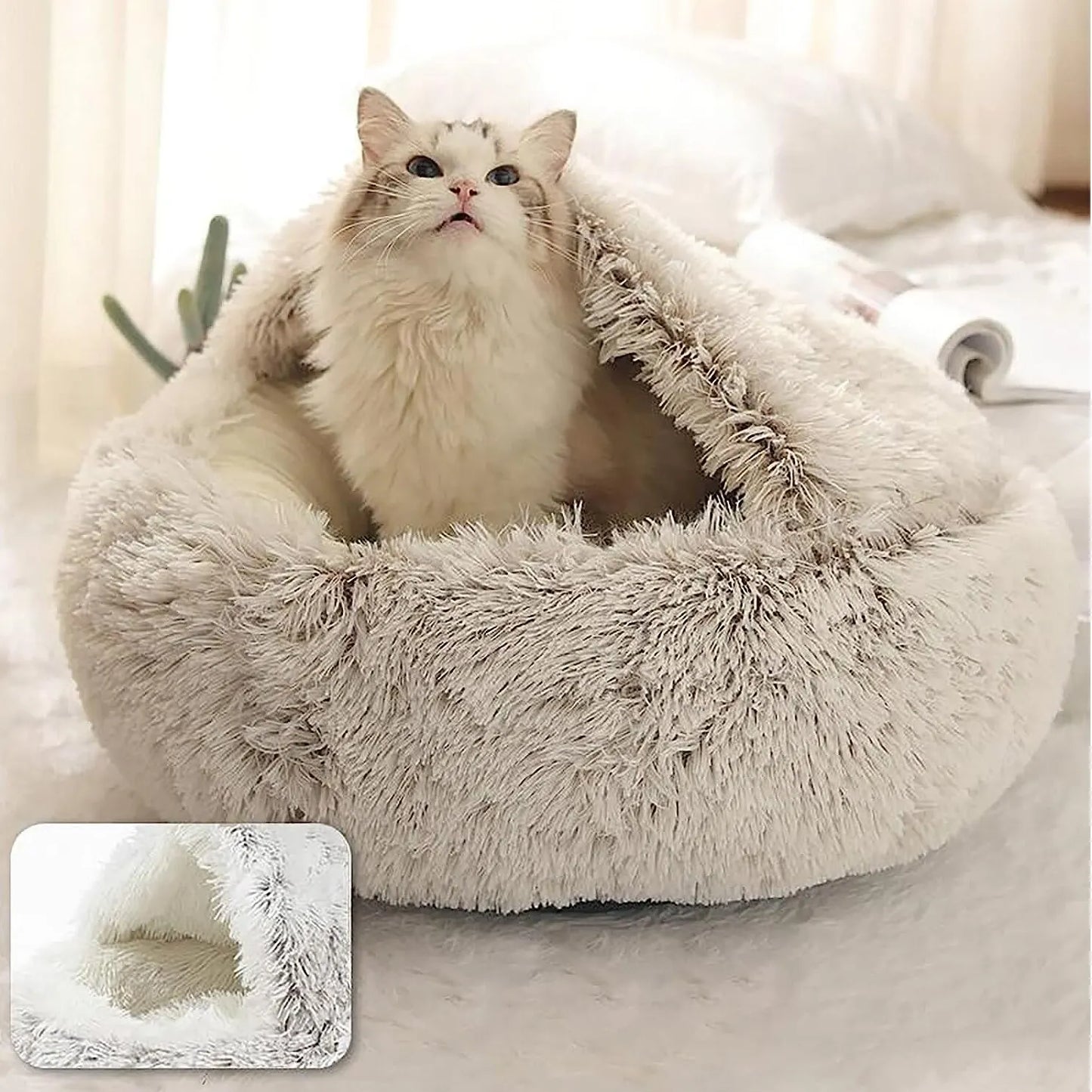 Soft Plush Pet Bed Round Semi Closed Cat Bed Shell Type Pet Mattress Warm Cat Dog 2 in 1 Sleeping Nest Cave for Small Dogs