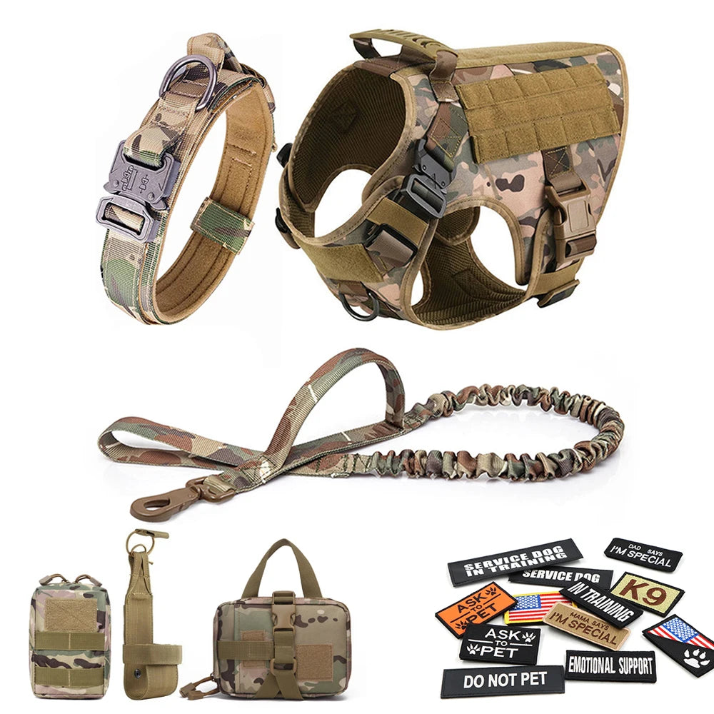 Military Large Dog Harness Collar Leash Bags Patches Set Pet Malinois Training Vests Tactical Dogs Harnesses Accessories