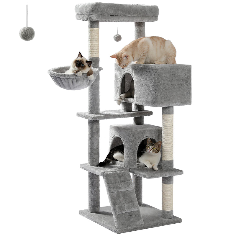 56.3" Cat Tree for Large Cats Adult with Super Large Top Perch Cat Tower with Plush Hammock Dangling Pompom Cat Scratching Post