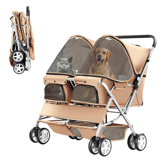 Double Pet Stroller, Foldable Stroller for 2 Dogs & Cats, Two-Seater Carrier Twin Dog Walk Jogger Travel Pet Carriage Cart with